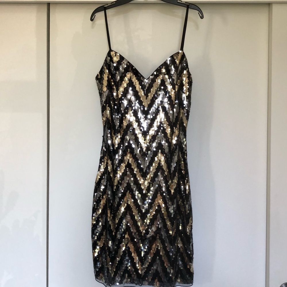 Molly Bracken Black and Gold Sequin Chevron Mini Dress